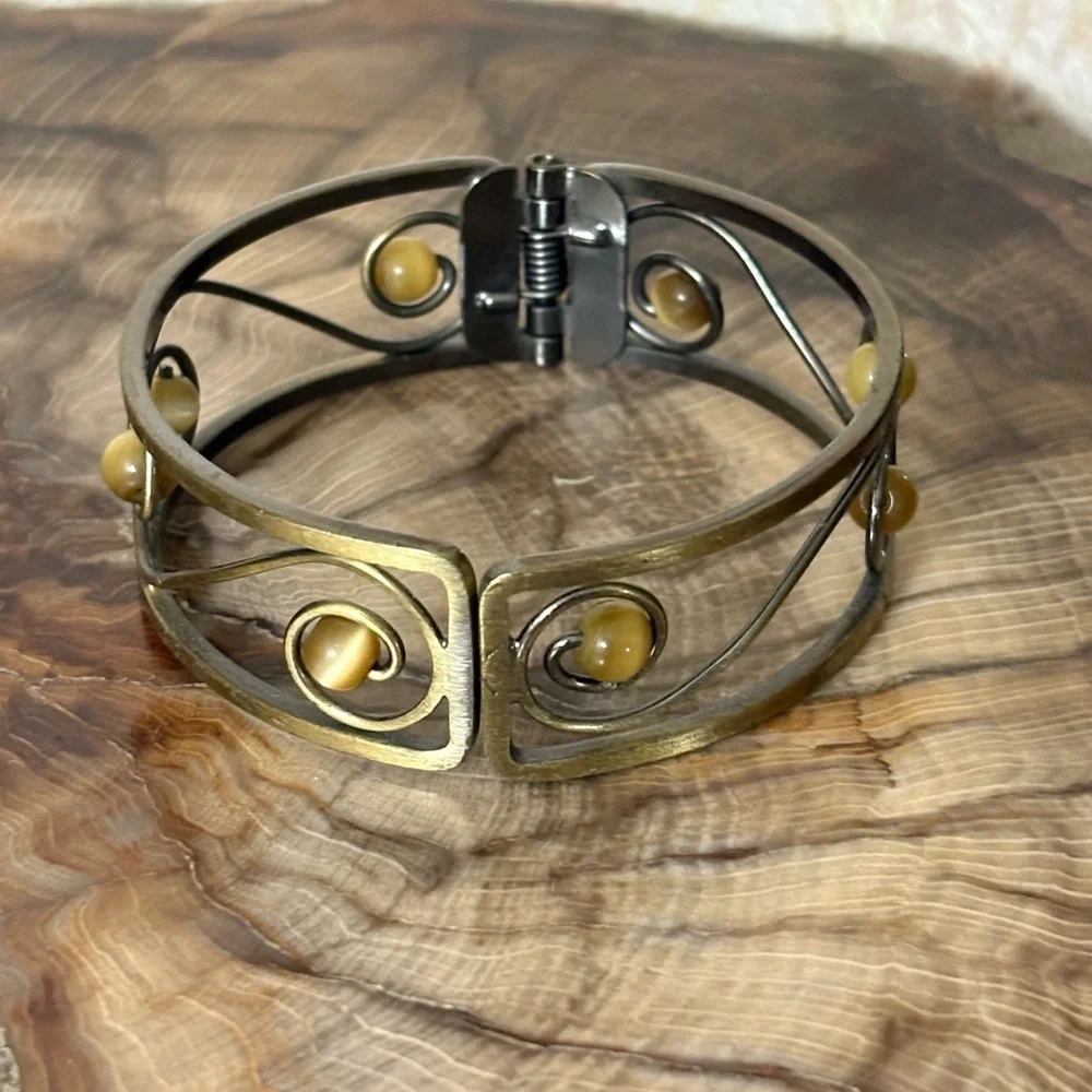 Tigers Eye Beaded Brass Hinged Bangle Bracelet